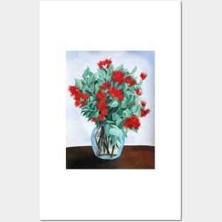 Red Native Flowers in Vase with Ice Blue Background Posters and Art